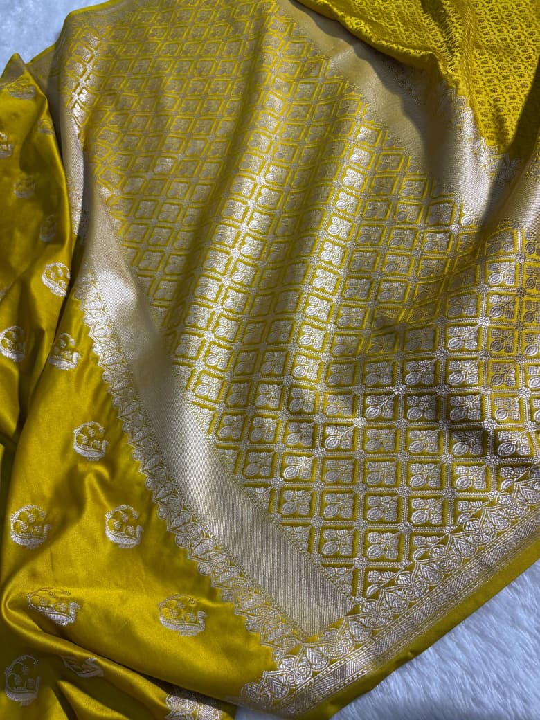 Mustard Yellow Banarasi Buta Motifs Mashru Silk Saree