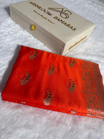 Minakari Orange Banarasi Floral Pattern Mashru Silk Saree