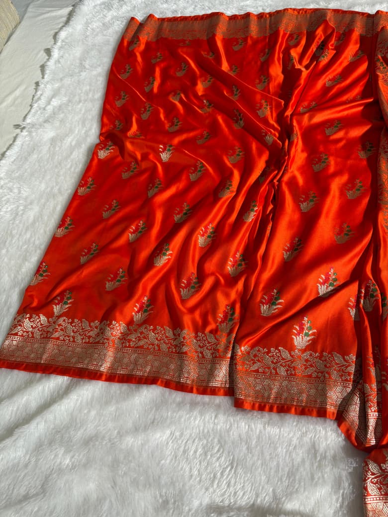 Minakari Orange Banarasi Floral Pattern Mashru Silk Saree