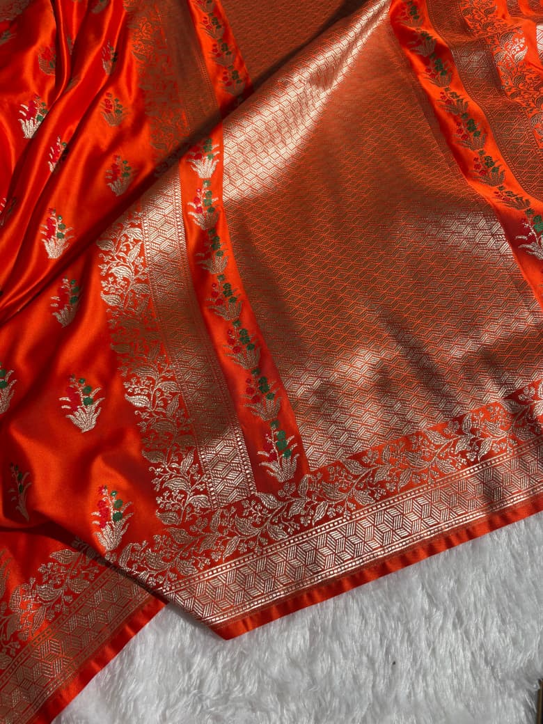 Minakari Orange Banarasi Floral Pattern Mashru Silk Saree