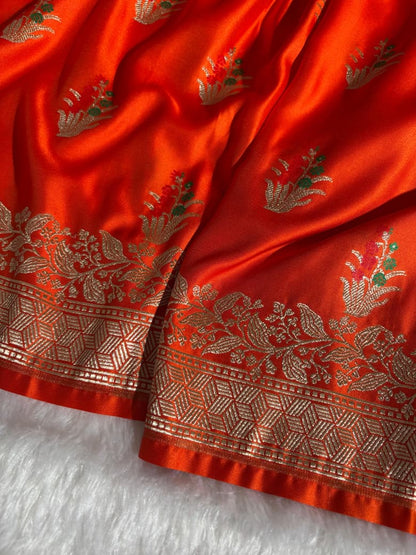 Minakari Orange Banarasi Floral Pattern Mashru Silk Saree