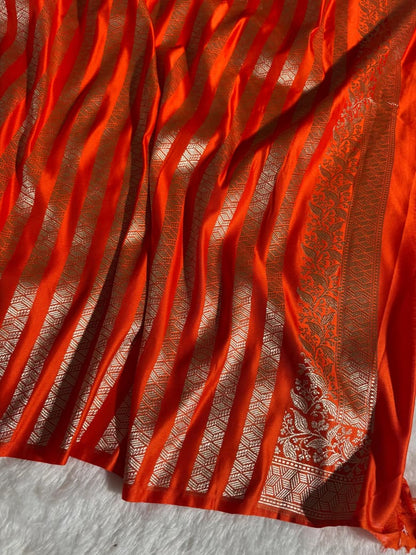 Minakari Orange Banarasi Floral Pattern Mashru Silk Saree
