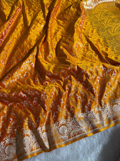 Sunset Mustard Banarasi Minakari Mashru Silk Saree