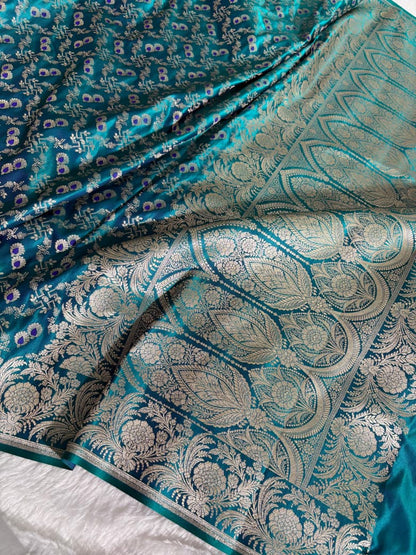 Minakari Banarasi Mashru Silk Saree in peacock green shade