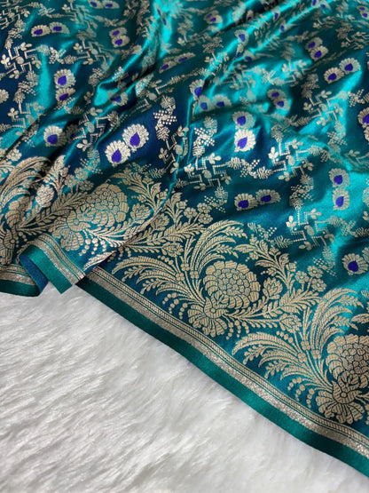 Minakari Banarasi Mashru Silk Saree in peacock green shade