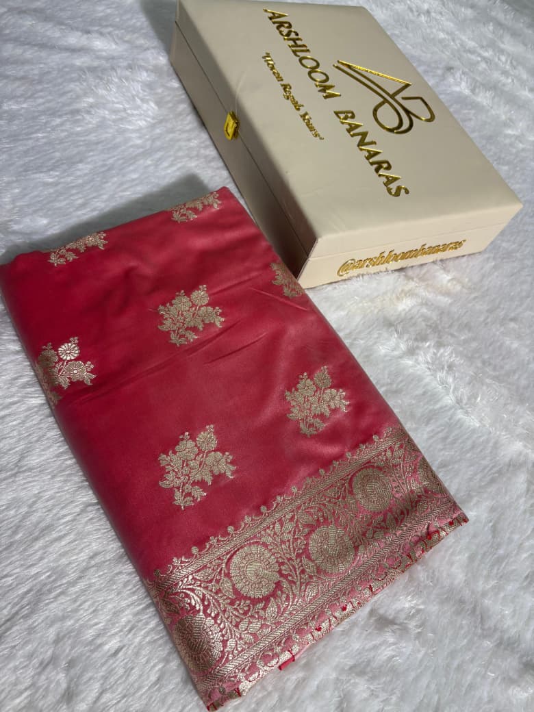 Rose Pink Banarasi Floral Pattern Mashru Silk Saree