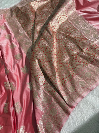 Rose Pink Banarasi Floral Pattern Mashru Silk Saree