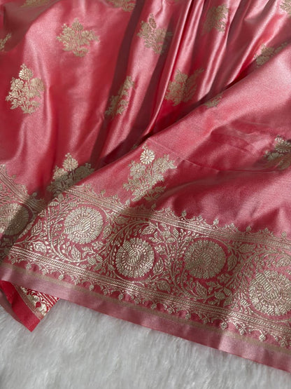 Rose Pink Banarasi Floral Pattern Mashru Silk Saree