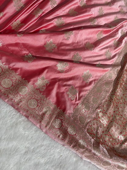 Rose Pink Banarasi Floral Pattern Mashru Silk Saree