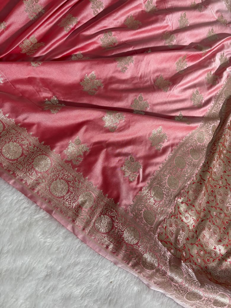 Rose Pink Banarasi Floral Pattern Mashru Silk Saree