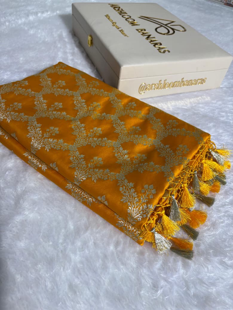 Mustard Yellow Floral Jaal Motifs Mashru Silk Saree