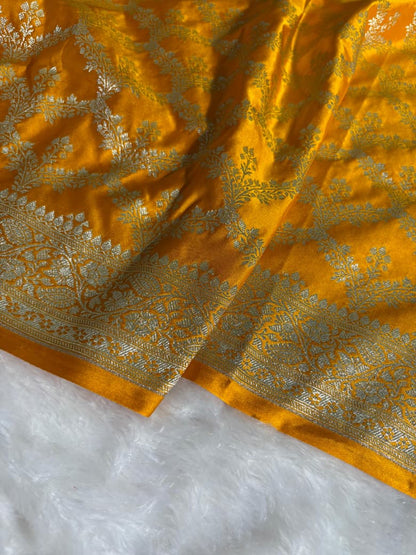 Mustard Yellow Floral Jaal Motifs Mashru Silk Saree