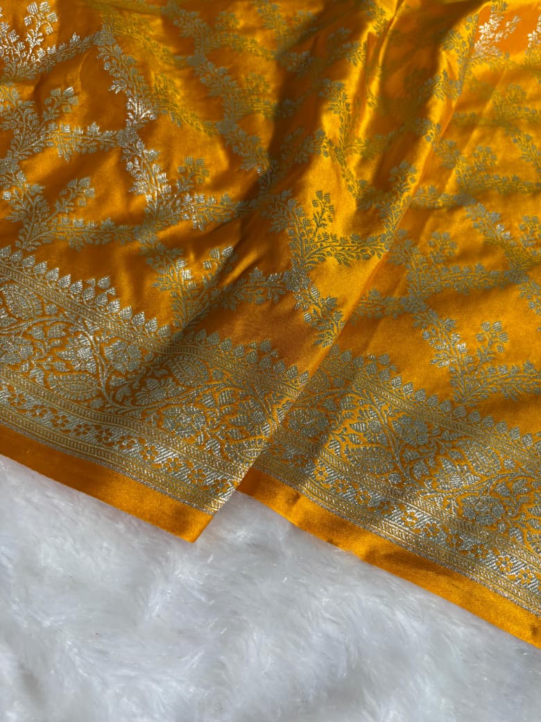Mustard Yellow Floral Jaal Motifs Mashru Silk Saree