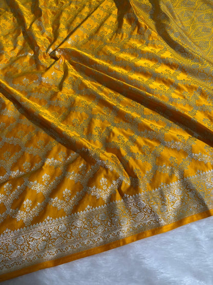 Mustard Yellow Floral Jaal Motifs Mashru Silk Saree