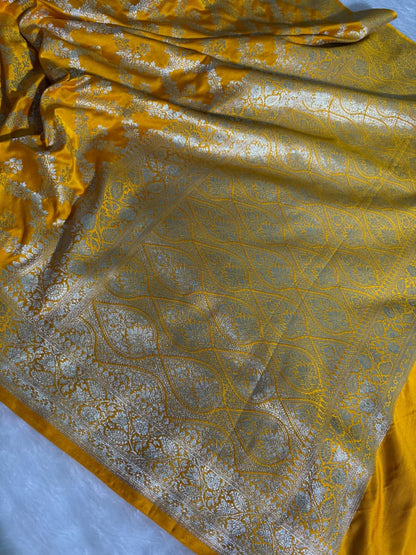 Mustard Yellow Floral Jaal Motifs Mashru Silk Saree