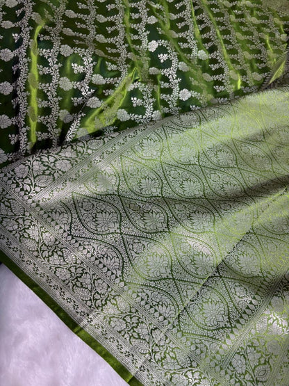 Mehandi Green Floral Jaal Pattern Mashru Silk Saree