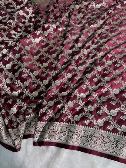 Wine Floral Jaal Pattern Mashru Silk Saree