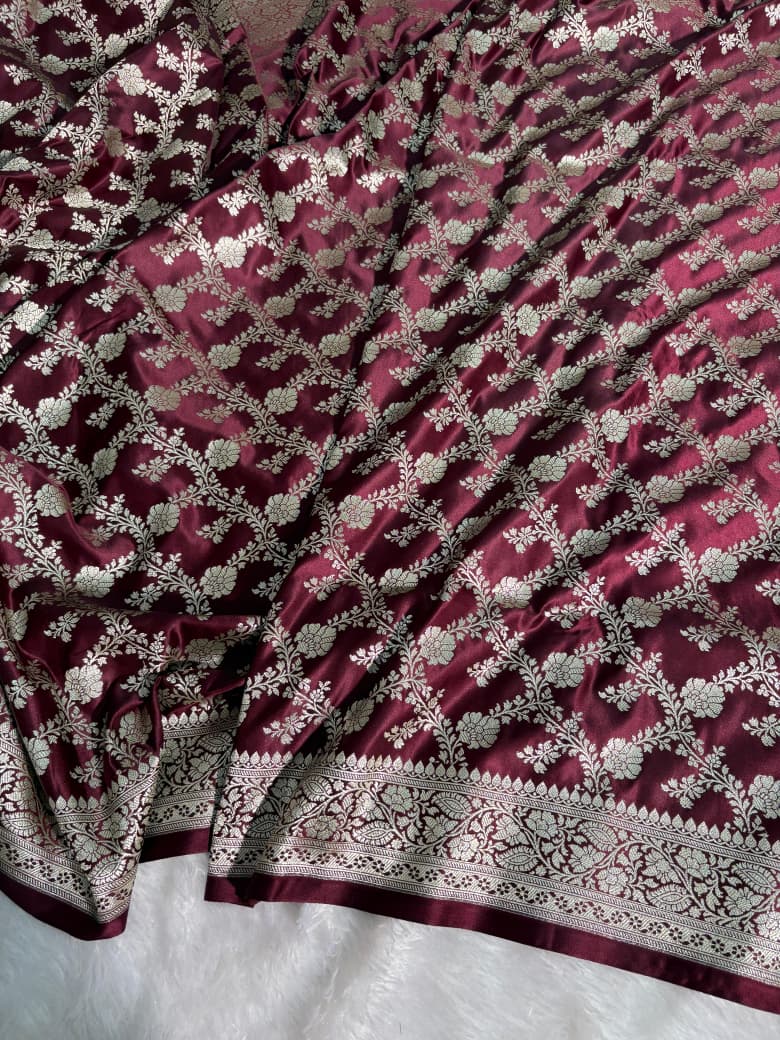 Wine Floral Jaal Pattern Mashru Silk Saree