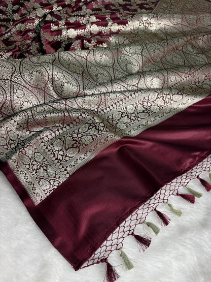 Wine Floral Jaal Pattern Mashru Silk Saree