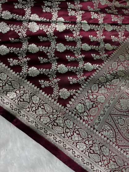 Wine Floral Jaal Pattern Mashru Silk Saree