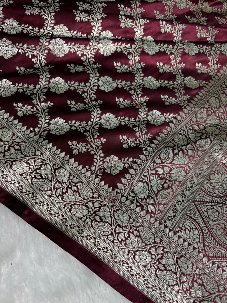 Wine Floral Jaal Pattern Mashru Silk Saree