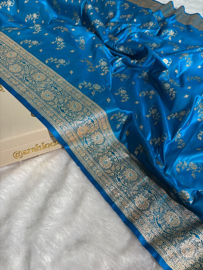 Banarasi Blue Shades Floral Pattern Satin Silk Saree