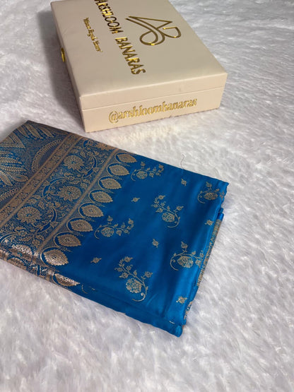 Banarasi Blue Shades Floral Pattern Satin Silk Saree