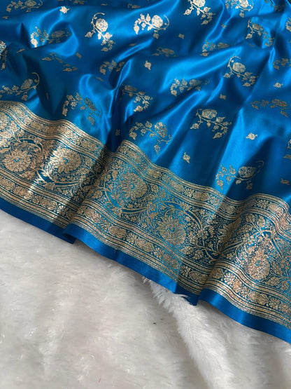 Banarasi Blue Shades Floral Pattern Satin Silk Saree