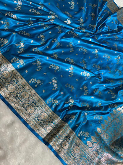 Banarasi Blue Shades Floral Pattern Satin Silk Saree