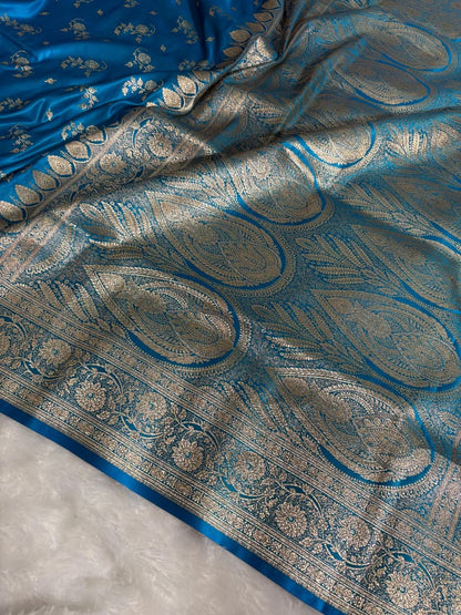 Banarasi Blue Shades Floral Pattern Satin Silk Saree