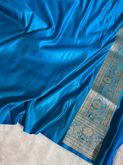 Banarasi Blue Shades Floral Pattern Satin Silk Saree