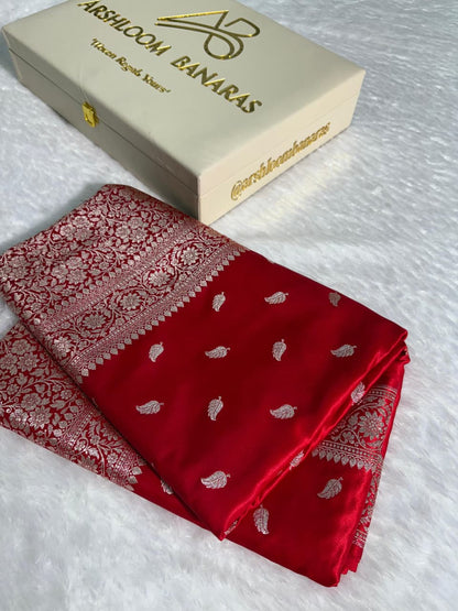 Red Leaf Pattern Satin Silk Saree