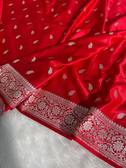 Red Leaf Pattern Satin Silk Saree