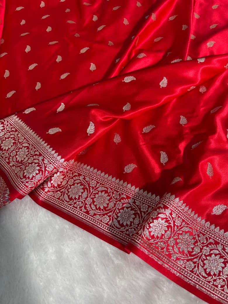Red Leaf Pattern Satin Silk Saree