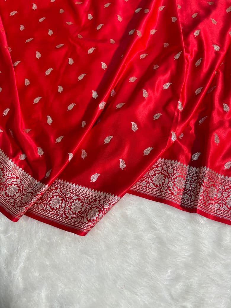Red Leaf Pattern Satin Silk Saree