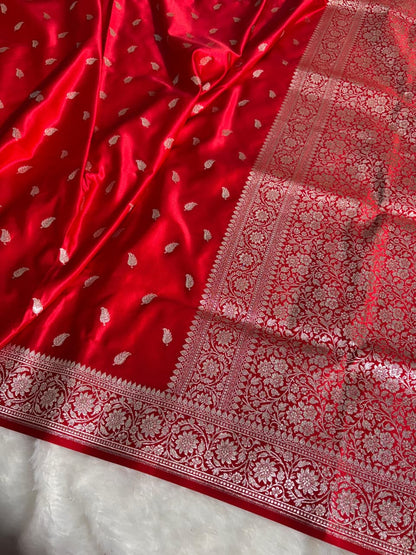 Red Leaf Pattern Satin Silk Saree