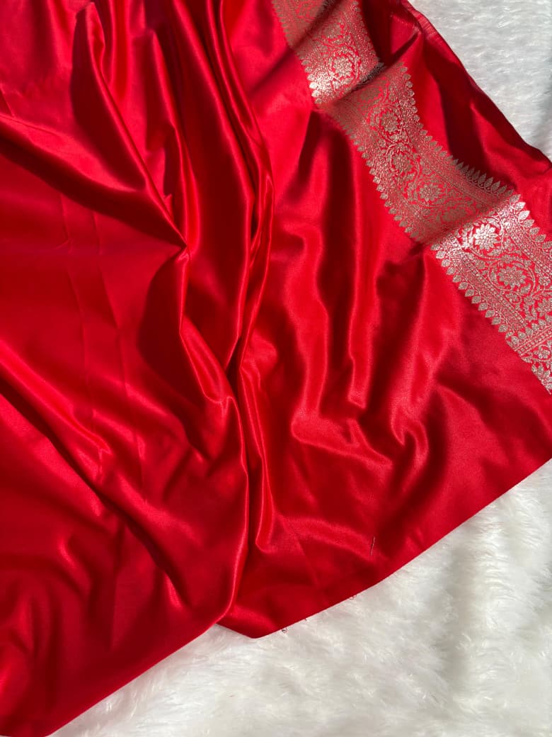 Red Leaf Pattern Satin Silk Saree