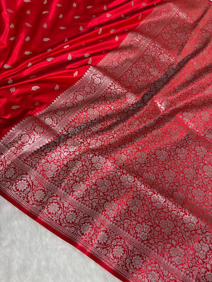 Red Leaf Pattern Satin Silk Saree