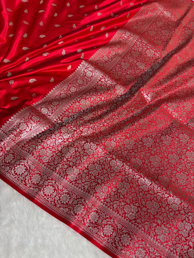 Red Leaf Pattern Satin Silk Saree