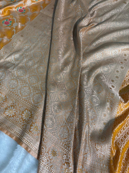 Haldi Mustard Minakari Jaal Pattern Mashru Silk Saree