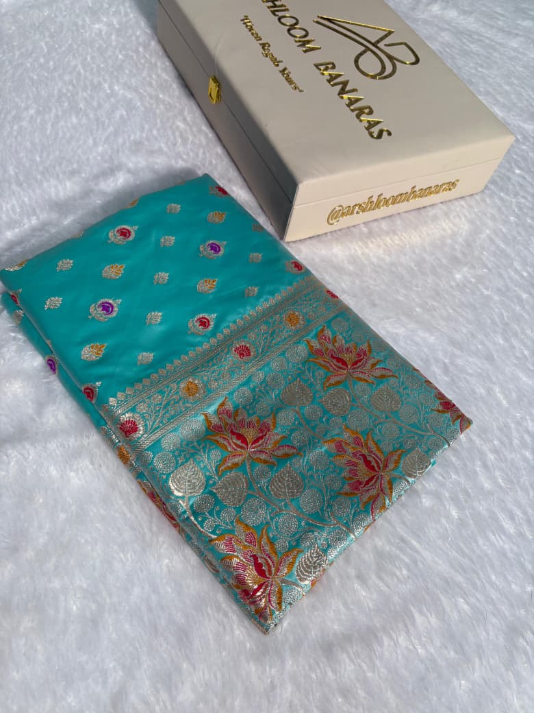 Sea-Green Minakari Boota Pattern Satin Katan Silk Saree