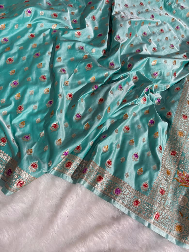 Sea-Green Minakari Boota Pattern Satin Katan Silk Saree