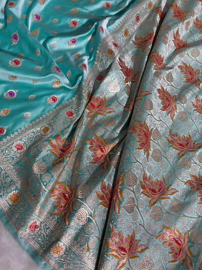 Sea-Green Minakari Boota Pattern Satin Katan Silk Saree