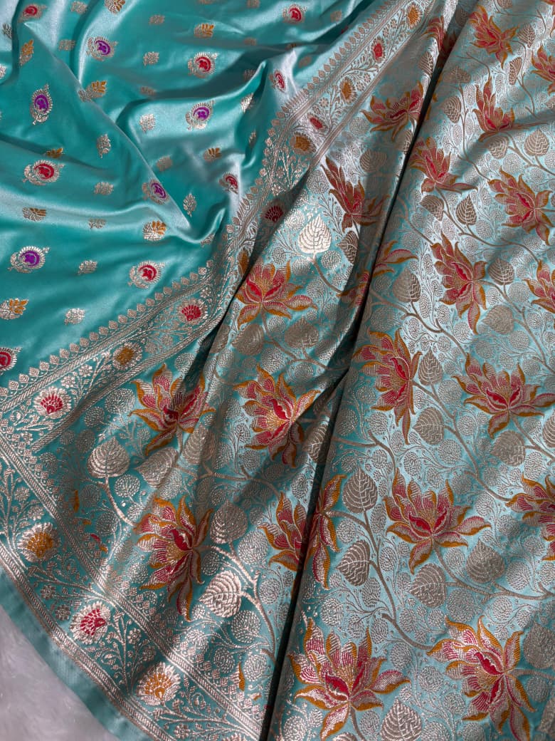 Sea-Green Minakari Boota Pattern Satin Katan Silk Saree