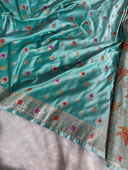 Sea-Green Minakari Boota Pattern Satin Katan Silk Saree