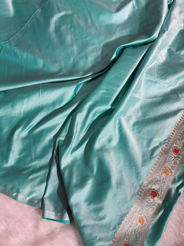 Sea-Green Minakari Boota Pattern Satin Katan Silk Saree
