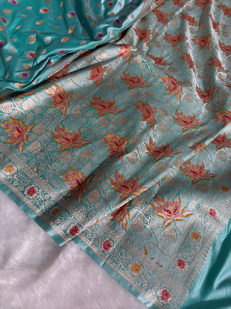 Sea-Green Minakari Boota Pattern Satin Katan Silk Saree