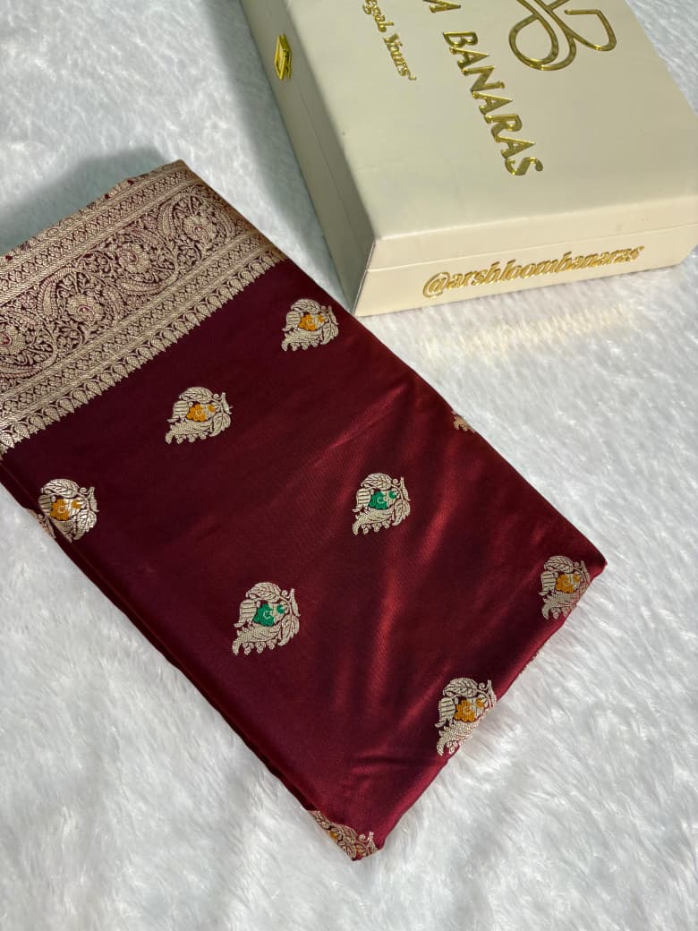 Deep Maroon Minakari Boota Pattern Mashru Silk Saree