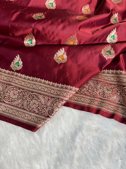 Deep Maroon Minakari Boota Pattern Mashru Silk Saree
