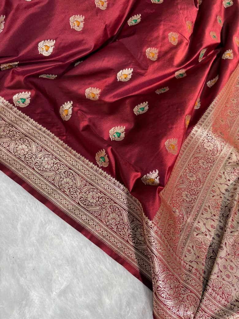 Deep Maroon Minakari Boota Pattern Mashru Silk Saree
